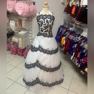 Childs Size 14 Black & White Long Beaded Ballgown Formal Pageant Dress NWT